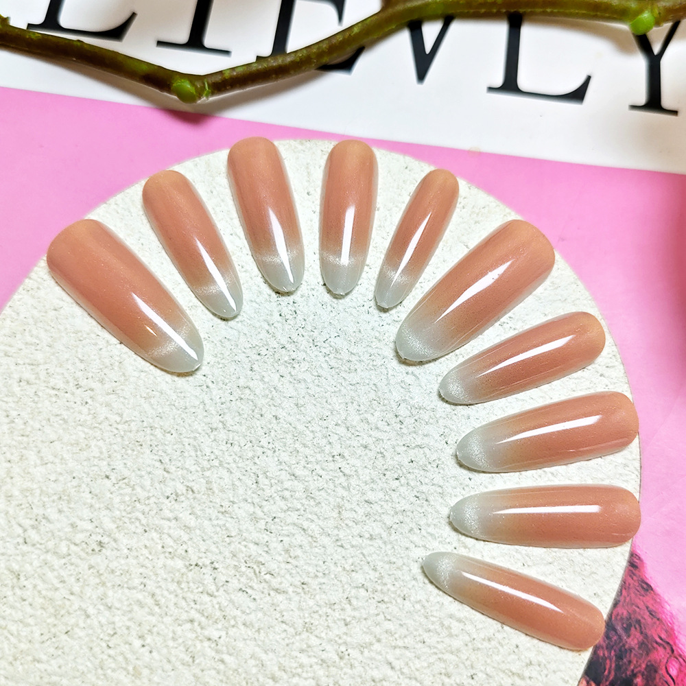 Polvo desnudo blanco gradiente ojo de gato manicura elegante largo desgaste de uñas 10 piezas de parche de uñas de código de decodificación terminado image 5