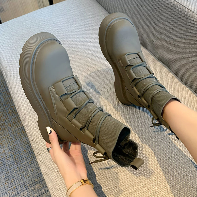 Martin boots women's single boots 2023 new style British style mid-calf thick-soled elastic knitted large-head strap slim boots WX-2_voghion.com