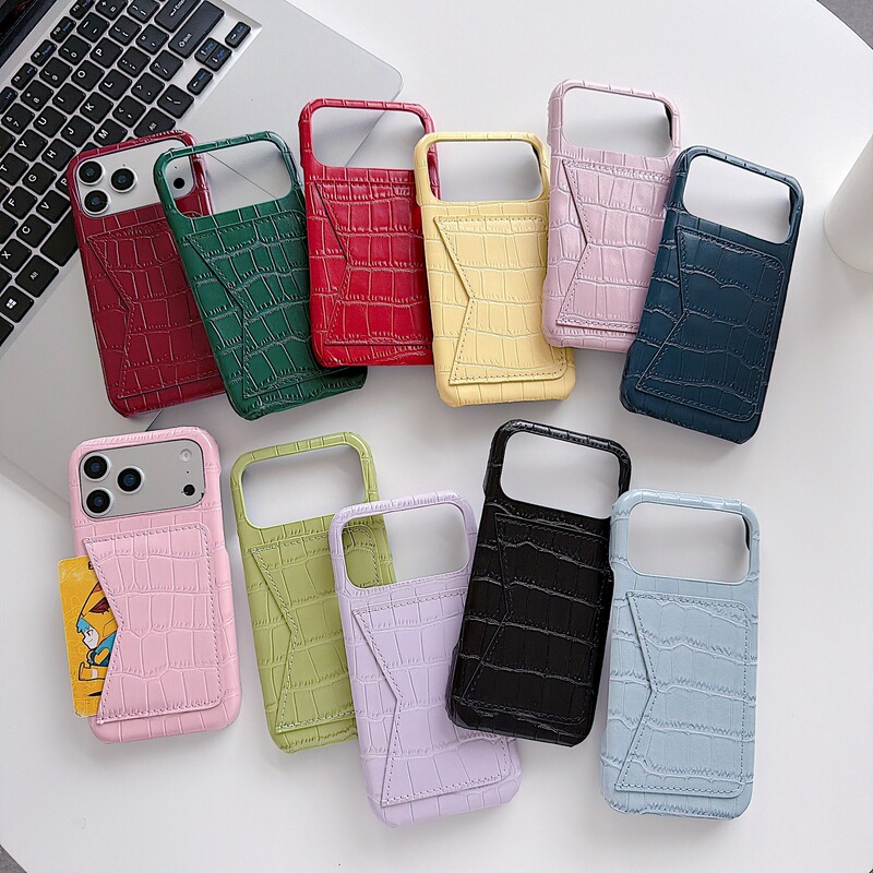 Suitable for Apple 17Promax Accessible Luxury Crocodile Pattern Card Holder Mobile Phone Case Coin Purse Pure Color Anti-Fall Half Bag Protective Cover