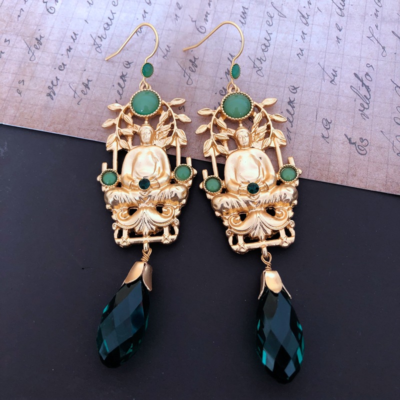 Fashion Style Green Gemstone Diamond Long Earrings display picture 6