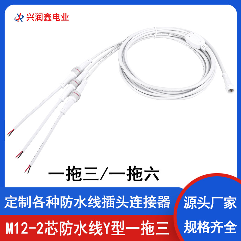 M12-2芯防水线Y型一拖三六连接线冷柜电源接头公母插头防水连接器