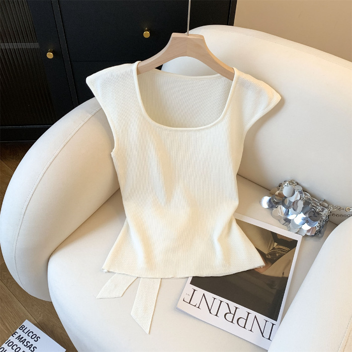 ファッショナブルなスクエアネックの小さなフライングスリーブTシャツ、女性用夏スリムフィットバックストラップ付きボウノット半袖トップ|undefined