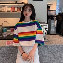韩版新款中长款短袖气质T恤条纹彩虹上衣女学生亚马逊外贸打底潮