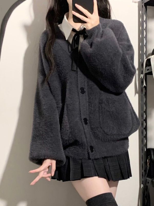 水貂绒开衫学院风毛茸茸减龄fufu春季宽松小个子针织毛衣jk外套女|undefined
