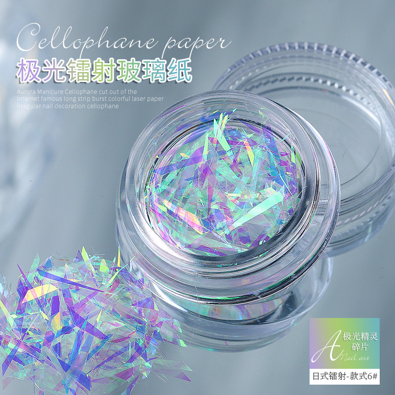Aurora elfo fragmentos irregulares celofán Corte libre tira flash colorido láser papel uñas pegatina al por mayor