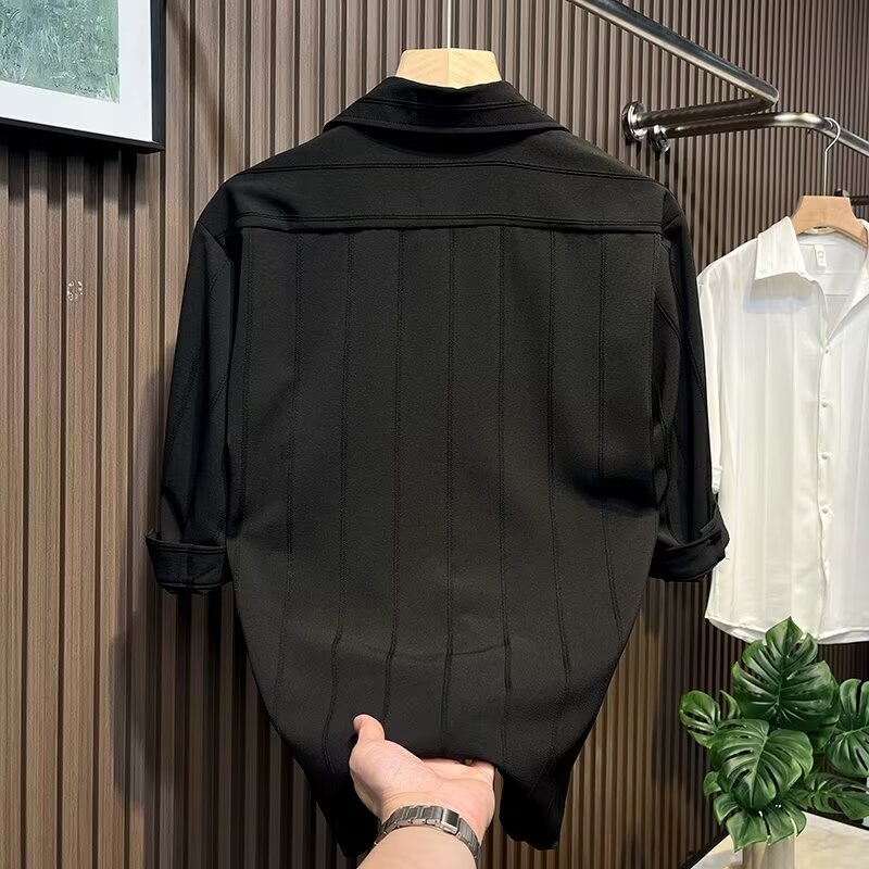 Camicia uomo a maniche corte a righe in misto seta casual_voghion.com