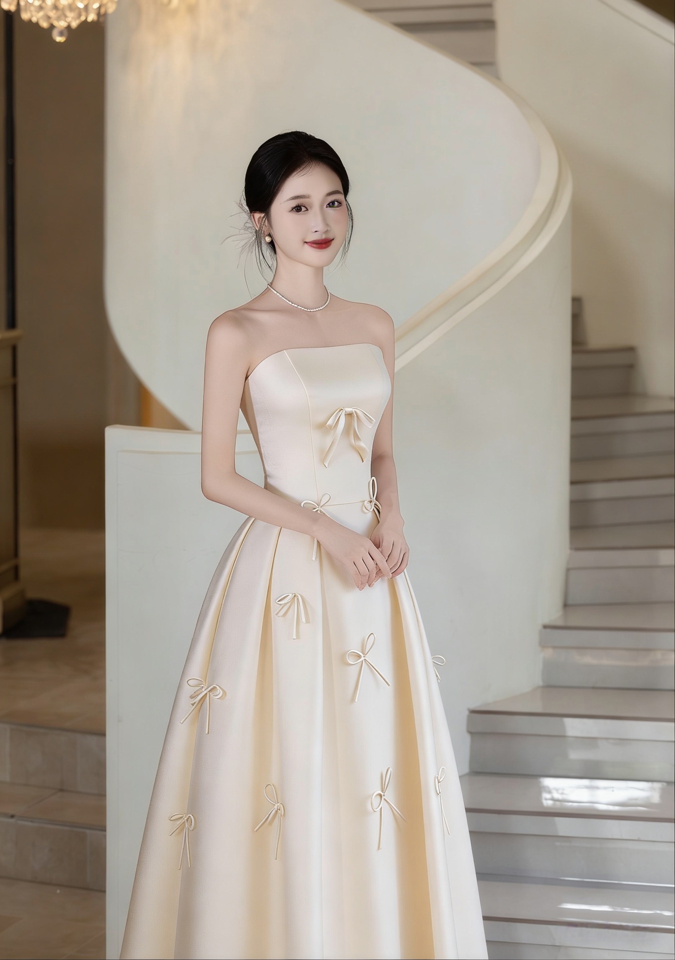 Đầm dạ hội cưới cổ yếm satin trơn tay dài phong cách tối giản — Màu ảnh chi tiết 7