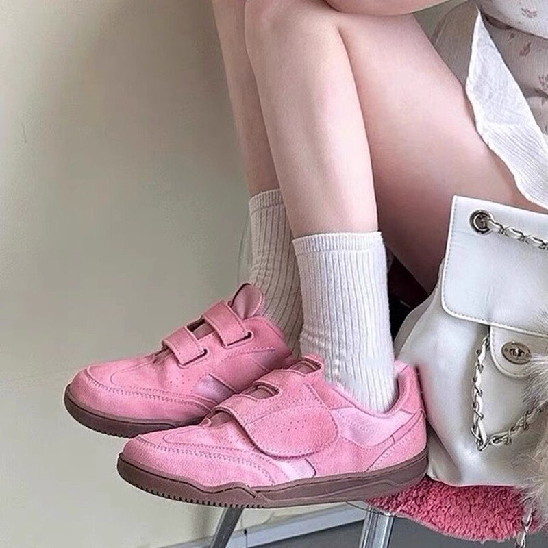 Roca Pink Suede Velcro Moral Training Shoes Casual Student Retro Sports Flats Low-Top White Shoes for Women