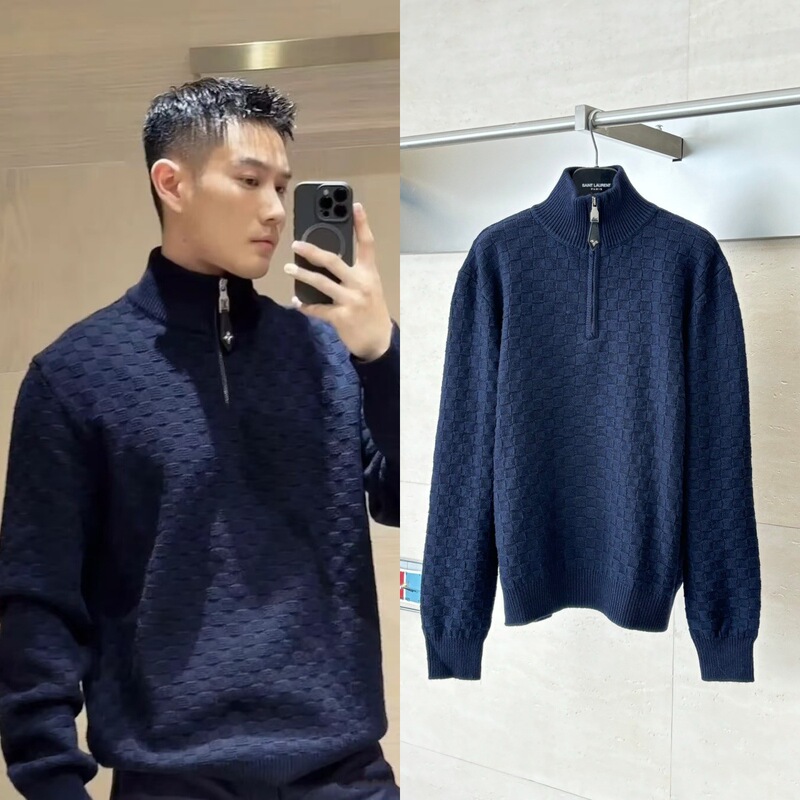 Ceiling Quality 25Fw Trendy Brand Lujia Dark Pattern Mosaic Full-Print Checkerboard Half-Zip Knitted Pullover Sweater