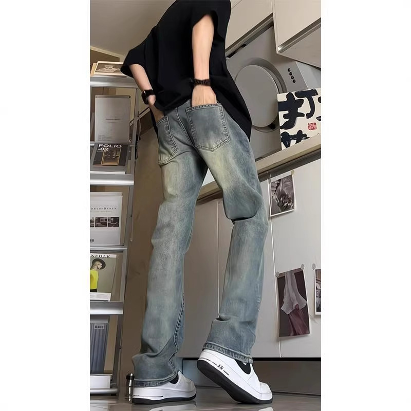 Vintage Blue Jeans for Men, American High Street Vibe, Slim Fit, Height-Enhancing, Stretchy, Durable, Straight-Leg, Slightly Flared Long Pants