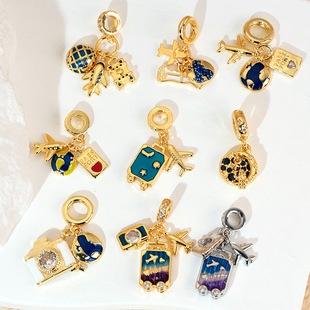 Micro-Paved Zircon Aircraft Luggage Travel Series Wings Heart Multi-Accessory Large Hole Pendant Necklace Copper Accessories