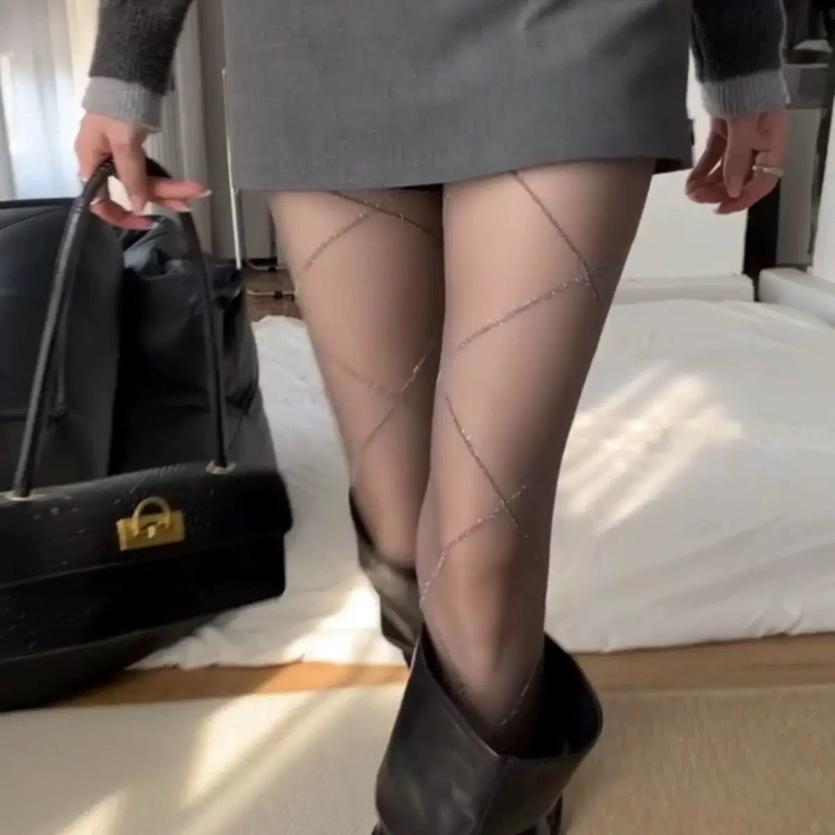 银丝灰色丝袜格亮丝袜透肤连裤袜情调菱格交叉条纹闪亮黑丝性感