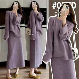 时尚秋冬新款韩版针织毛衣上衣+半身裙休闲孕妇毛衣产后哺乳套装