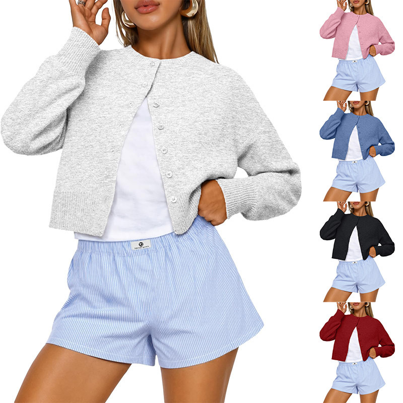 2025 Autumn and Winter Amazon Y2K Style Fashion Cardigan Buttoned Long Sleeve Round Neck Solid Color Short Knitted Sweater for Women 2025 Autumn and Winter Amazon Y2K Style Fashion Cardigan Buttoned Long Sleeve Round Neck Solid Color Short Knitted Sweater for Women