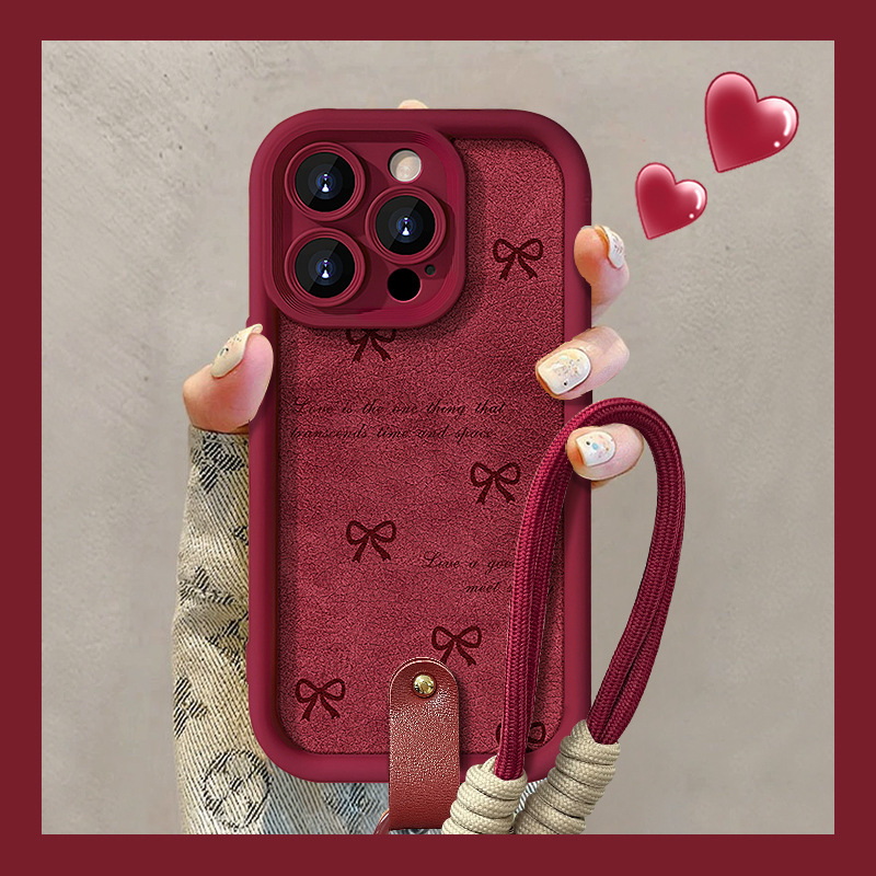 Bow lanyard for Apple 15PRO mobile phone case 14 silicone lambskin 13 fine hole anti-fall 12 New Year 7/8