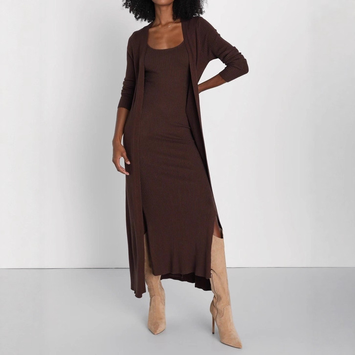 Amazon European and American Cross-Border Women's Clothing, Sexy Slim Ribbed Knitted Two-Piece Dress and Cardigan Suit Amazon European and American Cross-Border Women's Clothing, Sexy Slim Ribbed Knitted Two-Piece Dress and Cardigan Suit