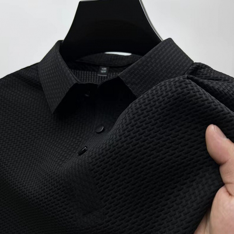 外国貿易ハイエンドアイスシルク半袖Tシャツメンズ夏薄いメッシュ通気性クールラペルシャツビジネストップトレンディ|undefined