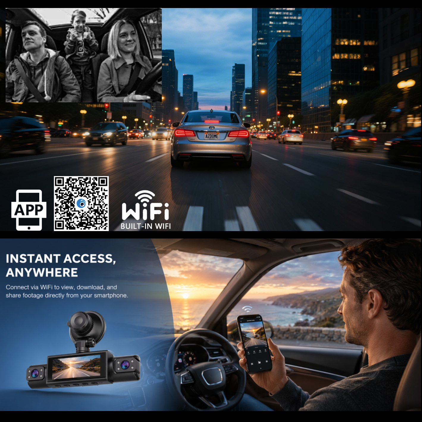Cross-border four-lens dashcam with high-definition night vision, four-channel 1080P panoramic parking monitoring, and WiFi connectivity