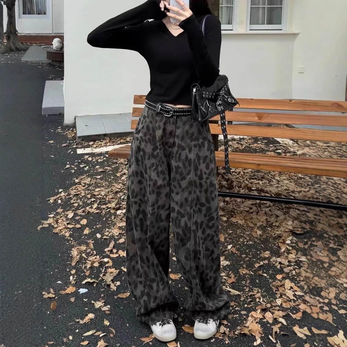 小个子辣妹水洗牛仔阔腿裤女深蓝色高腰宽松直筒裤拖地显瘦长裤潮