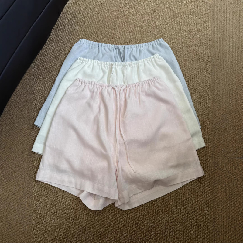 Baby Cream-Colored Linen Casual Shorts for Women, Suitable for Commuting and Vacation, Loose Fit, New Summer Style, Thin A-Line Wide-Leg Design