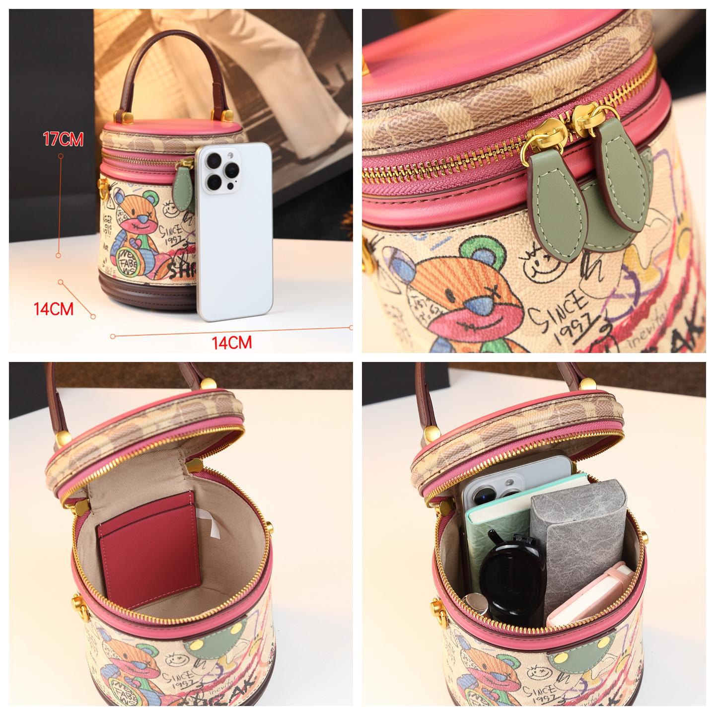 Túi bucket nữ hình trụ họa tiết gấu vẽ tay, đeo chéo kiểu mới — màu trắng ngà, Cà phê Brown, màu sắc