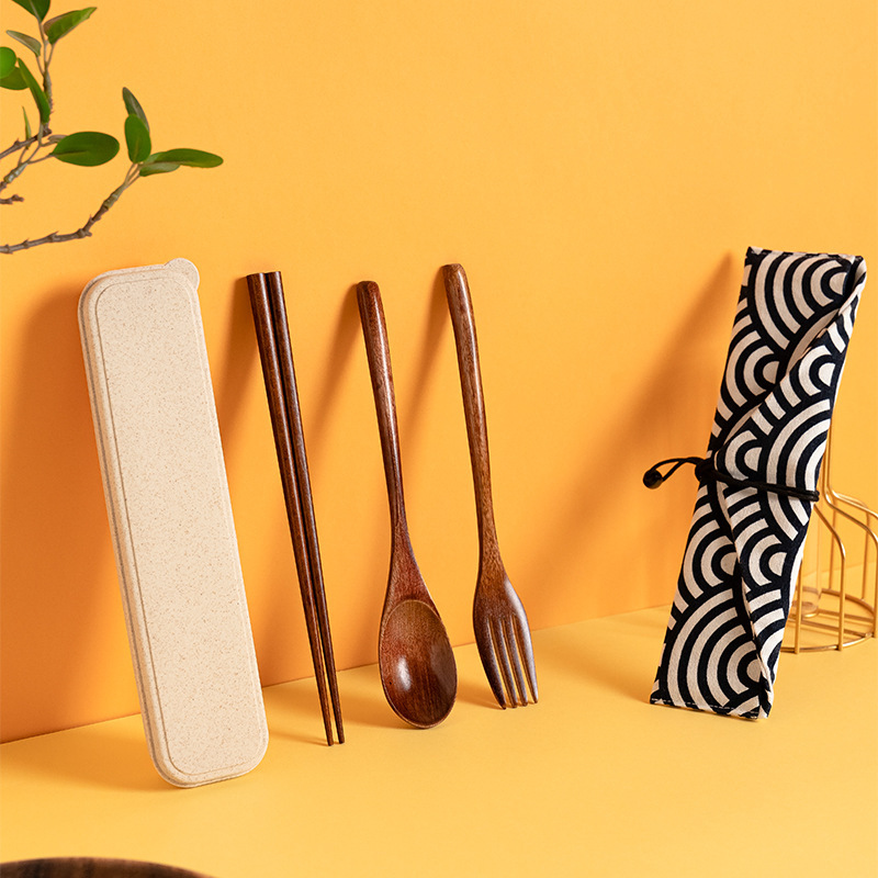 Chopsticks Spoon suit Japanese-style Chopsticks Fork Portable Single Storage Box Wooden Student Tableware Three-piece Set