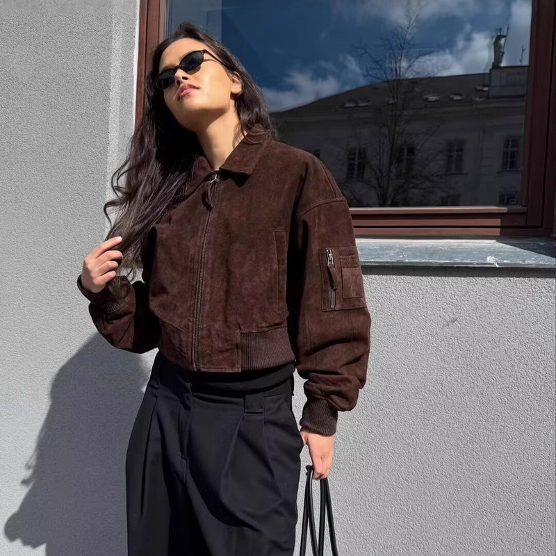 Za Cross-Border Export Spot 2025 Autum New Women's Suede Texture American Flight Jacket Jacket for Women