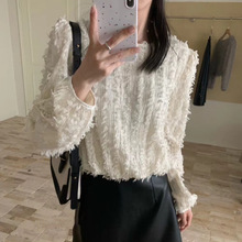 秋冬韩国气质名媛风圆领宽松百搭流苏须须花苞衬衣女