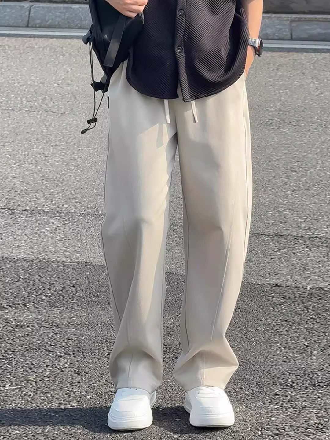 Pantalon de survêtement homme, couleur unie délavée, coupe ample, jambes larges, ourlet arrondi, longueur au sol, taille mi-haute, polyester, style printemps_voghion.com