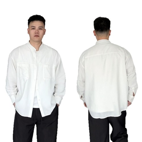 Small Stand Collar Shirt for Men, Loose Casual Solid Color Japanese Style High-End Long-Sleeve Shirt for Men, Outerwear Basic Shirt for Spring and Summer