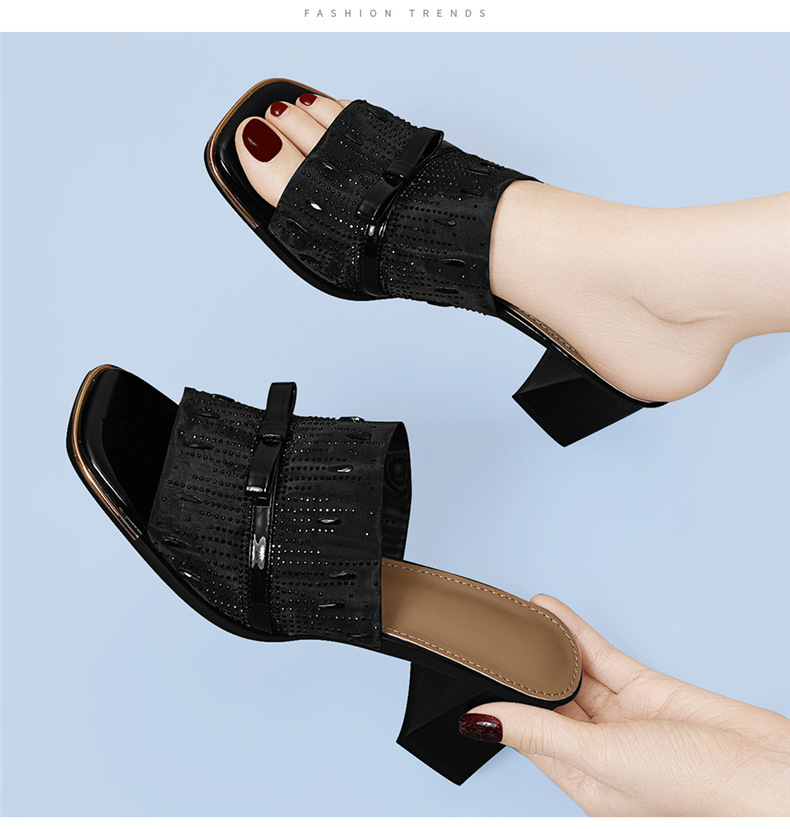 Sandal cao gót nữ hở mũi phong cách Pháp đính sequin lấp lánh gót vuông 6 cm — 7215 Màu đen, 7215 màu mơ chi tiết 5