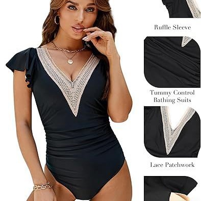 2024 New European And American Women's Multi-color Lace V-neck Ruffled One-piece Swimsuit Cross-border Direct_desvips.com