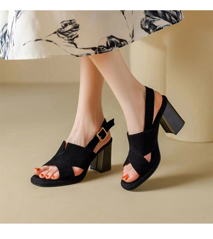 Sandal cao gót da cừu nữ mũi hở gót 7 cm đế dày chống thấm — Màu đen gót 7cm chi tiết 6