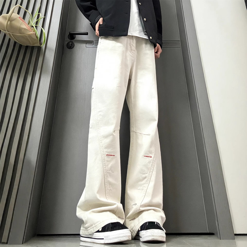 Off-White Pure Cotton Diagonal Cut Jeans for Men, Straight-Leg Pants with Colorful Buttonholes and Embroidery, American-Style Slightly Flared Work Pants