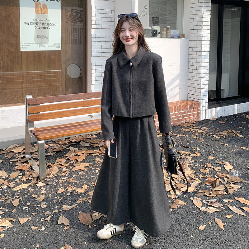 黑色高腰阔腿裤两件套装女2025年春秋季新款宽松显瘦气质上衣开衫|undefined