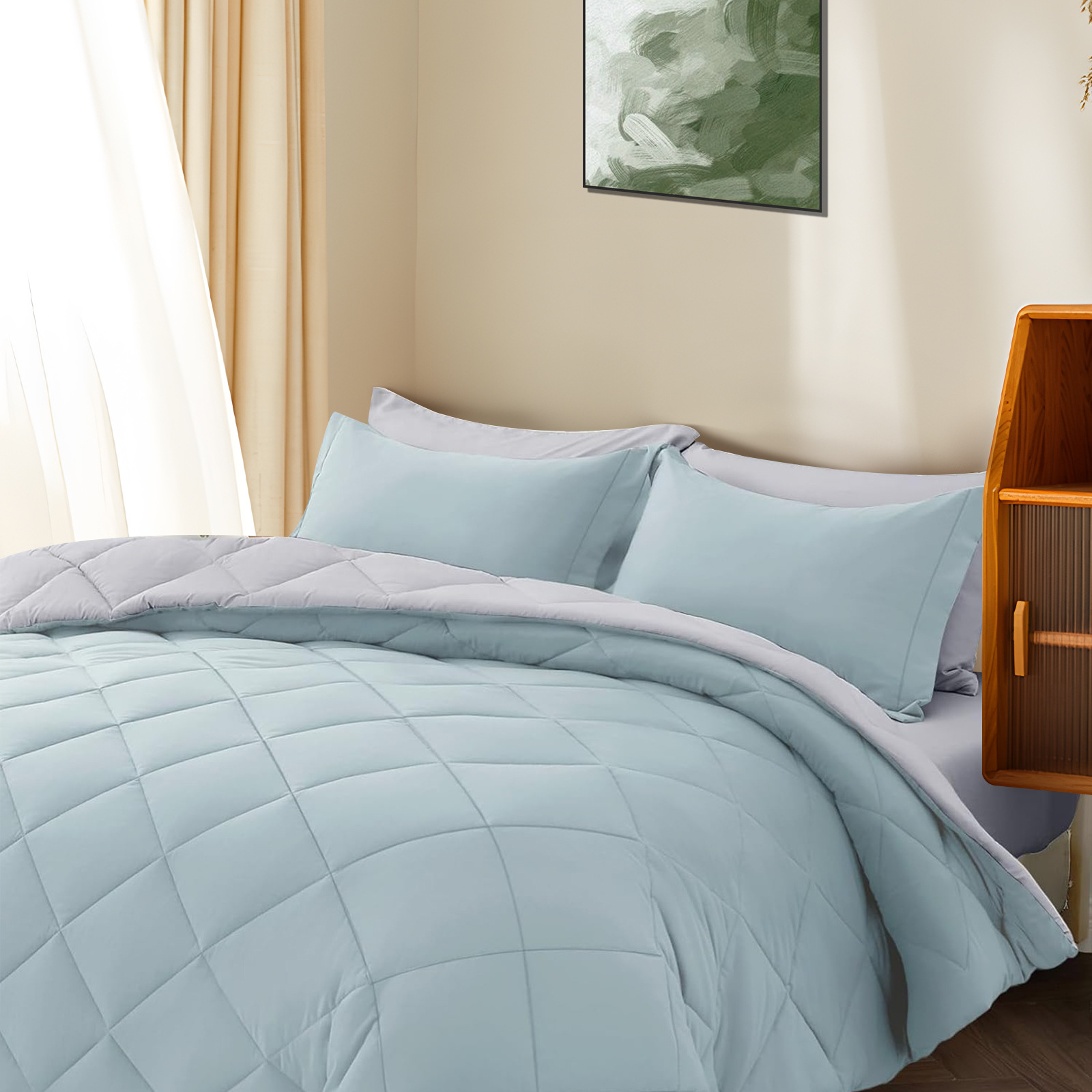 Diseño cuadrado de dos colores Juego completo de 7 piezas Juego completo de edredones Juego completo de edredones Juego completo de comercio exterior al por mayor