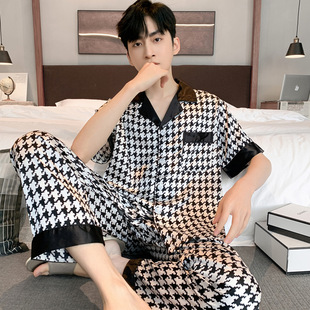 Houndstooth Pajamas Men's Spring and Autumn Ice Silk High-end Instagram Fashionable Youth Outwear Autumn Home Clothes Long Sleeve Suit