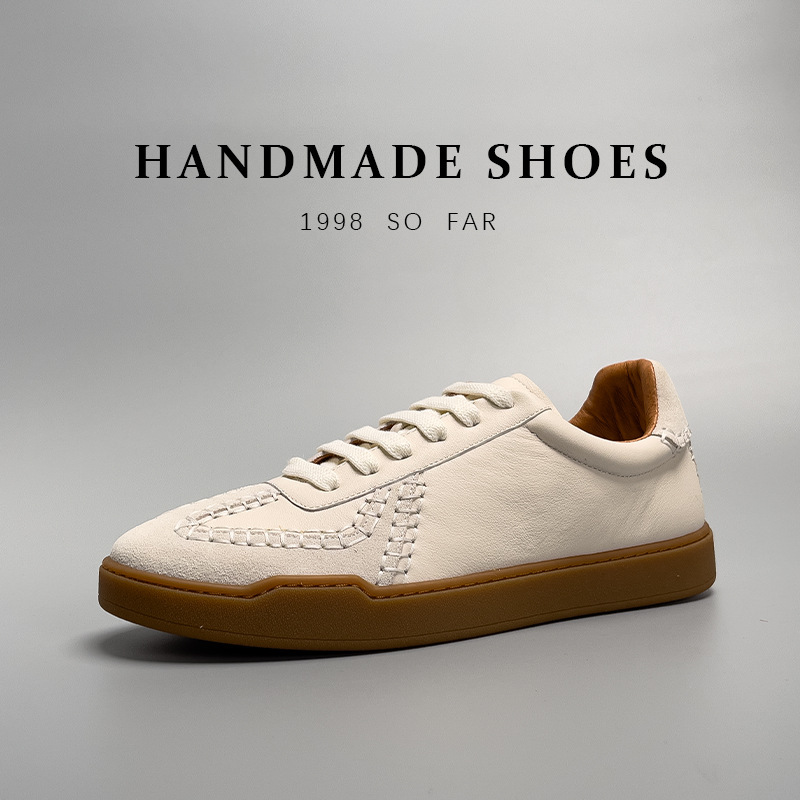 Baseball low-top high-end light luxury genuine leather trendy niche sneakers men's first layer cowhide white shoes all-match German training shoes
