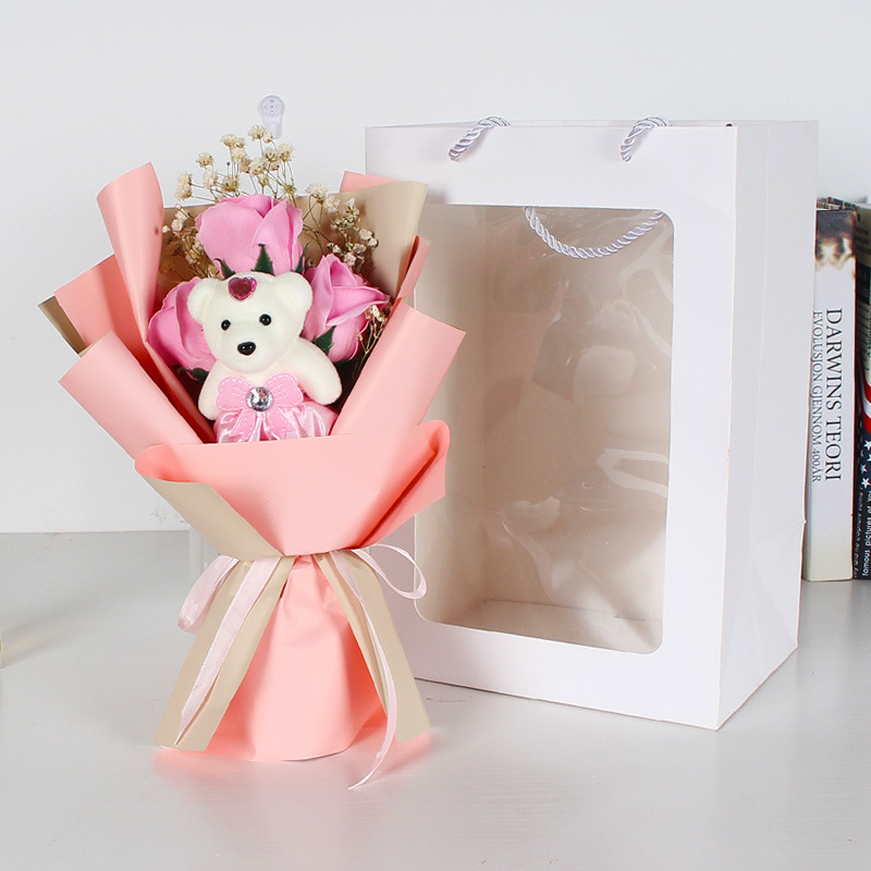粉玫小熊+橱窗花束