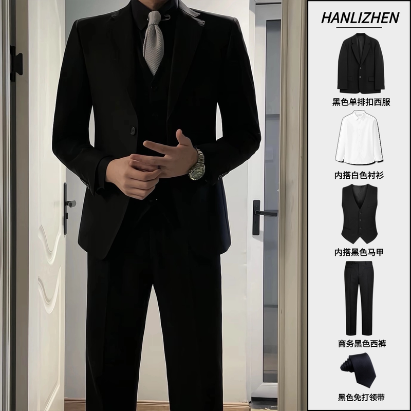 New Spring and Autumn Stylish British Slim-Fit Suit Set for Men, Gentleman's Business Casual Wedding Groom Suit in Black New Spring and Autumn Stylish British Slim-Fit Suit Set for Men, Gentleman's Business Casual Wedding Groom Suit in Black