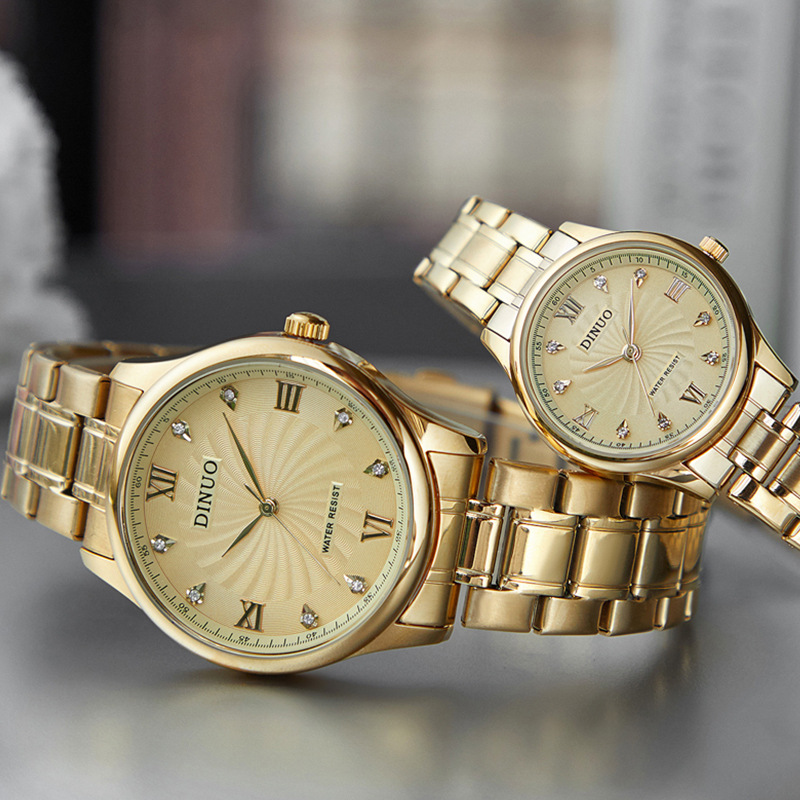 谛诺DINUO_B8015男女对表中老年人石英表时尚气质不锈钢带 罗马面