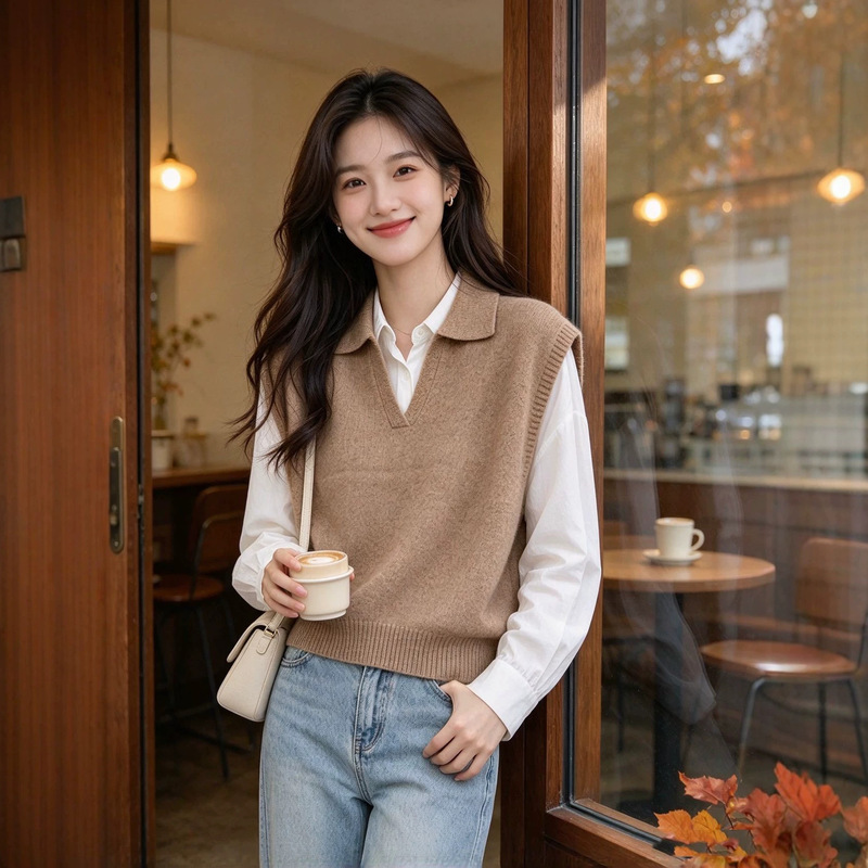 100% Pure Wool Knitted Vest for Women, Polo Collar, Solid Color Sleeveless Knitwear, Casual Slimming Vest, Old Money Style