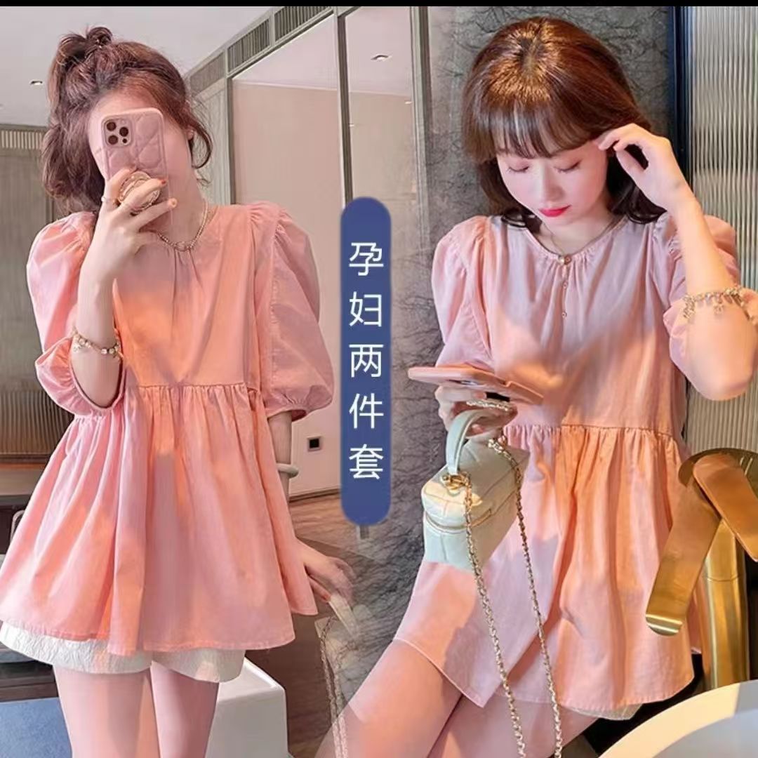 Pregnant women's summer clothing Internet-famous bow short-sleeved top pregnant women's abdominal pants two-piece age-reducing plus size pregnant women's suit