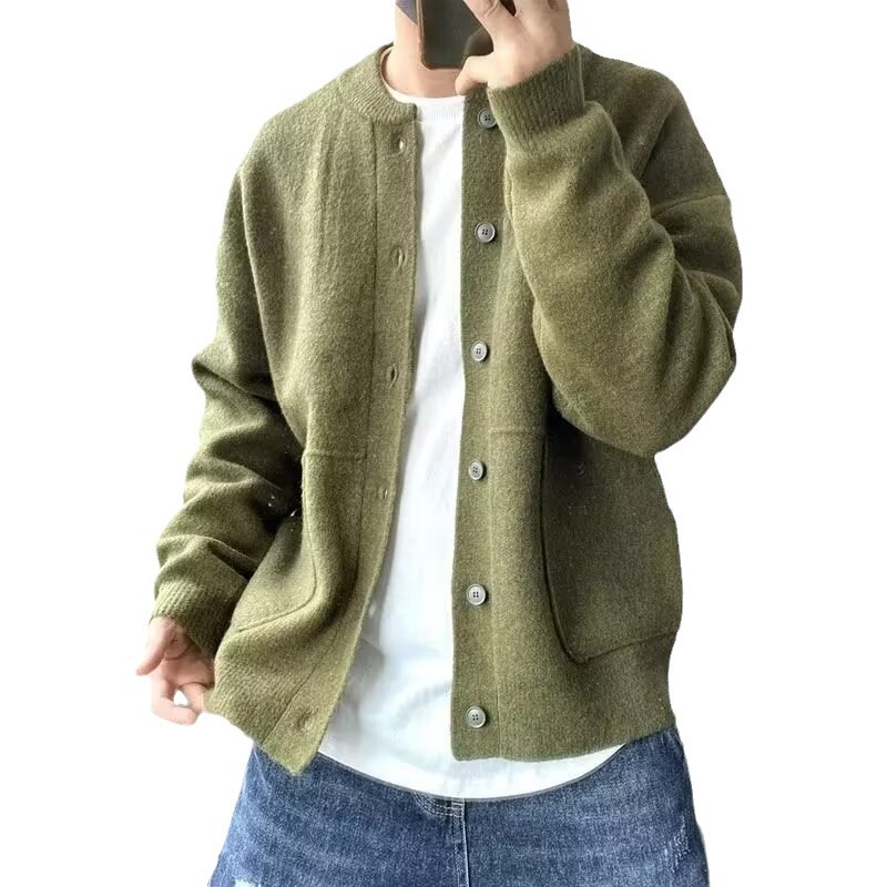 Neue Wollstrickjacke Herren Herbst und Winter Strickpullover Rundhalsjacke einfache lockere dicke Pulloverjacke_voghion.com
