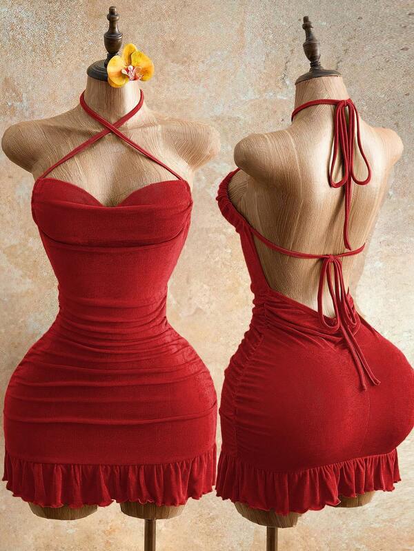 Sensual Bodycon Mini Dress With Ruffle Trim, Backless Halter Neck, And Waist-Gathering Pleats For A Flattering Fit_ecoleips.com