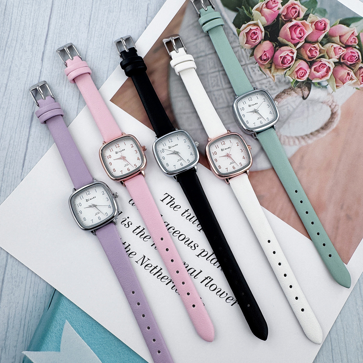 Korean Style College Wind Leather Strap Watch Women's Small Square Candy Exam High School Middle School Student Versatile High-Value Quartz Watch