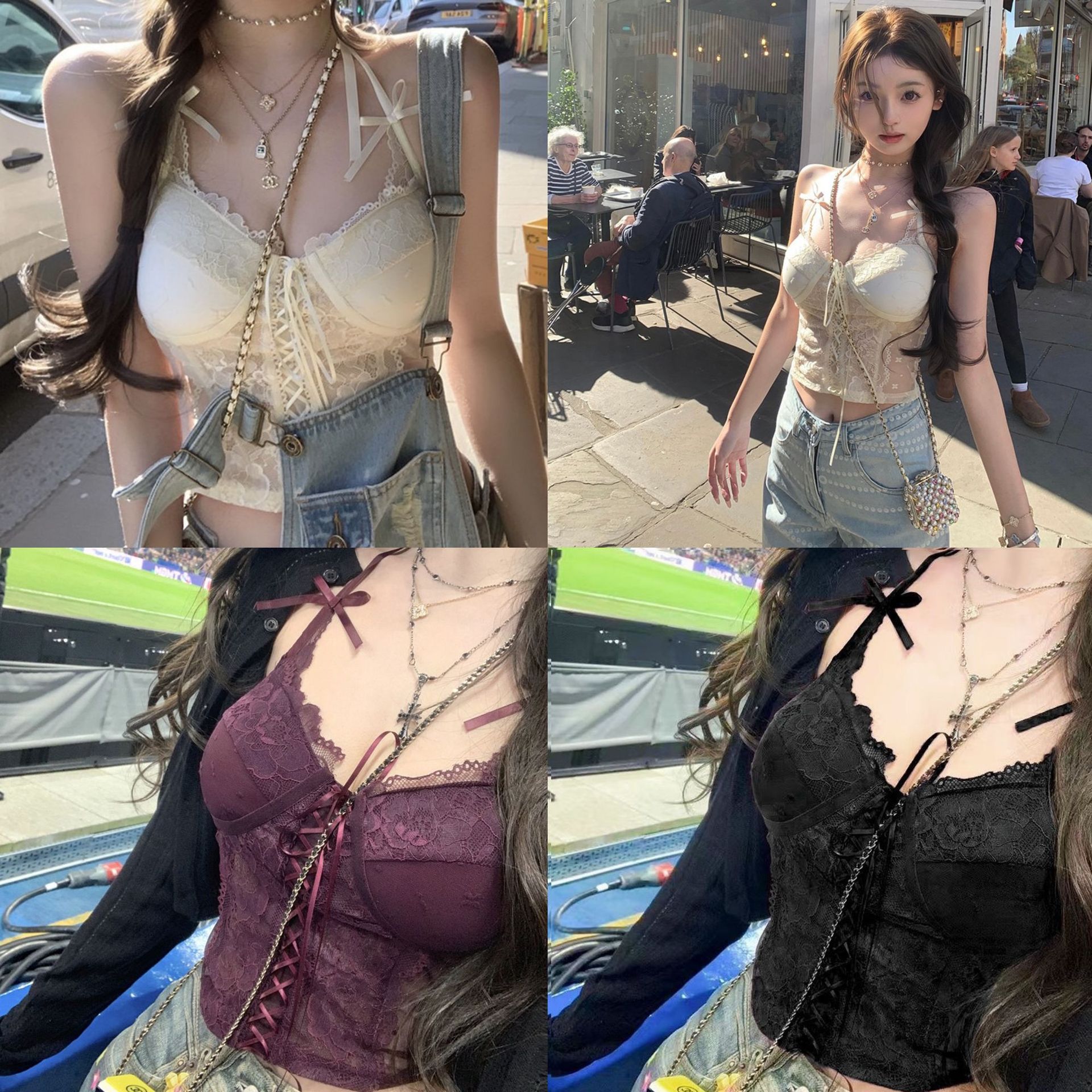 Hot Girl Luxury Sexy Lace Bow Halterneck Camisole Women's Niche Top with Breast Pad Design