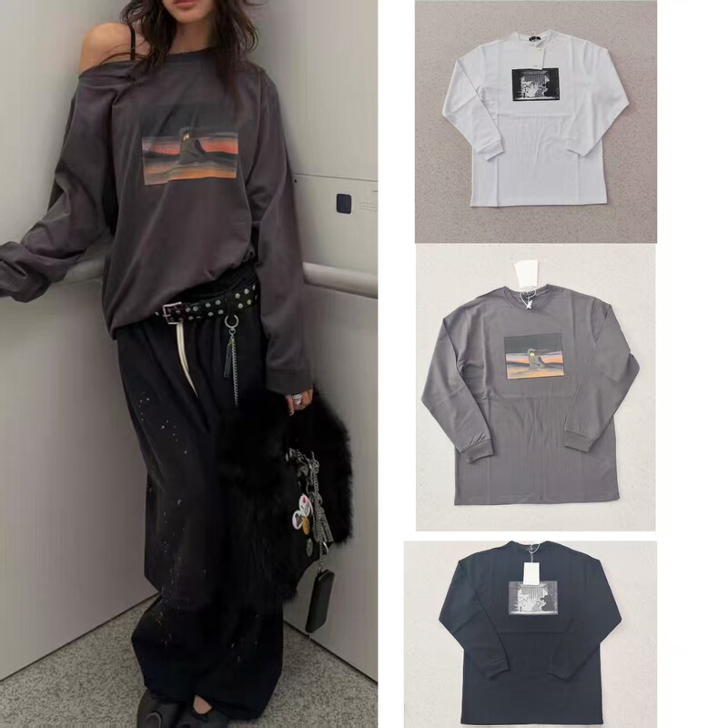 Korean Niche Retro Distressed Shoulder Slit Personalized Off-Shoulder Casual Comic Print Long-Sleeved T-Shirt Loose Top