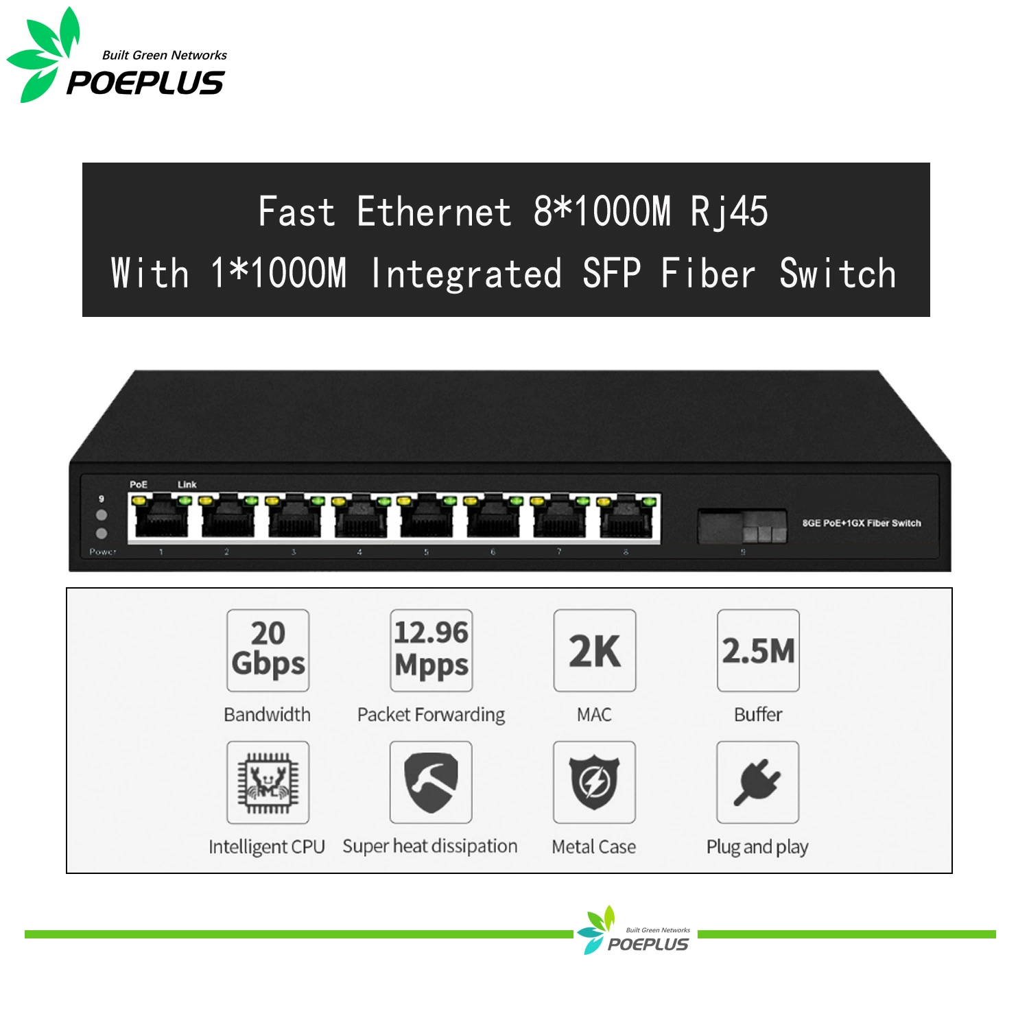 Полный гигабитный интегрированный оптический порт вверх 1/2/4/8 порт POE коммутатор 1310 или 1550 опционально