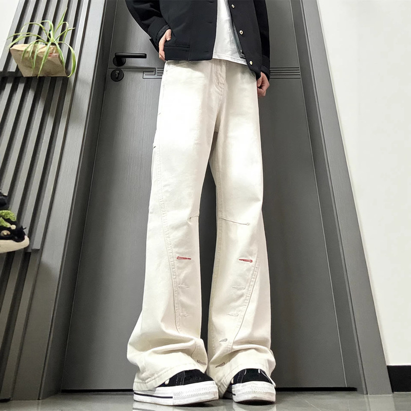 Off-White Pure Cotton Diagonal Cut Jeans for Men, Straight-Leg Pants with Colorful Buttonholes and Embroidery, American-Style Slightly Flared Work Pants